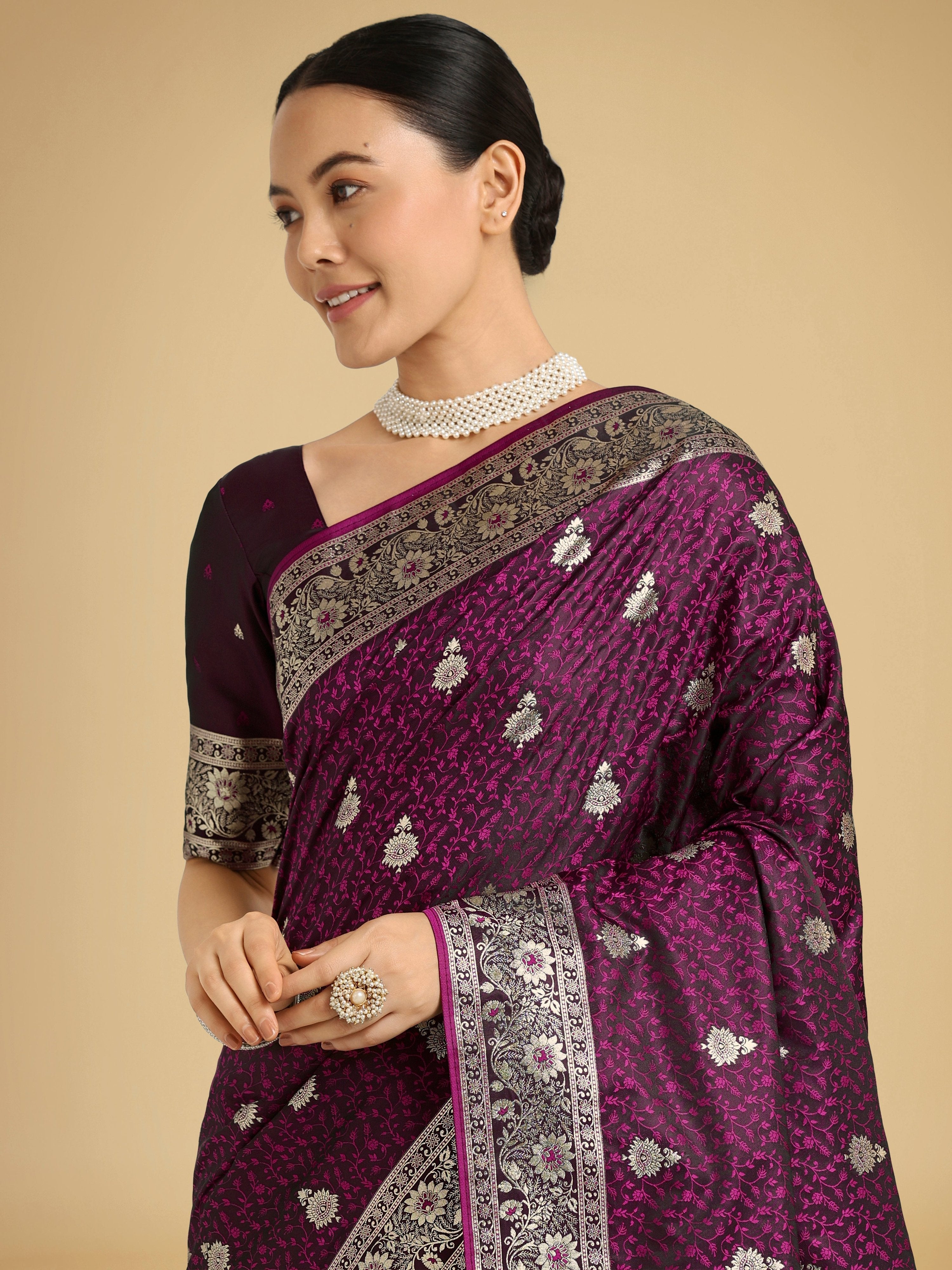 Wine Banarasi Satin Silk Saree with Rich Zari Weaving