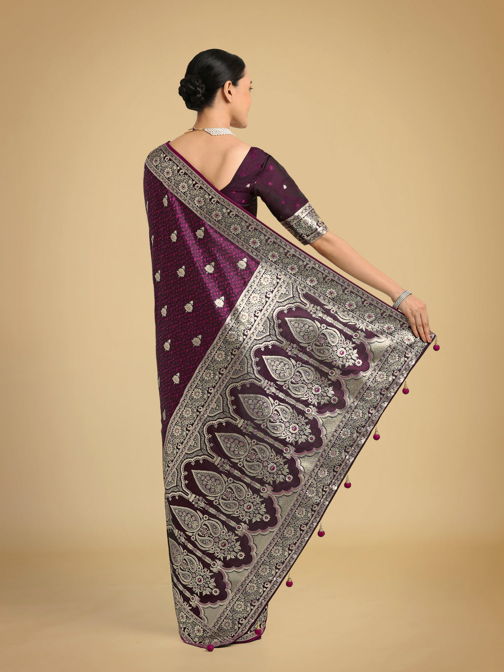 Wine Banarasi Satin Silk Saree with Rich Zari Weaving