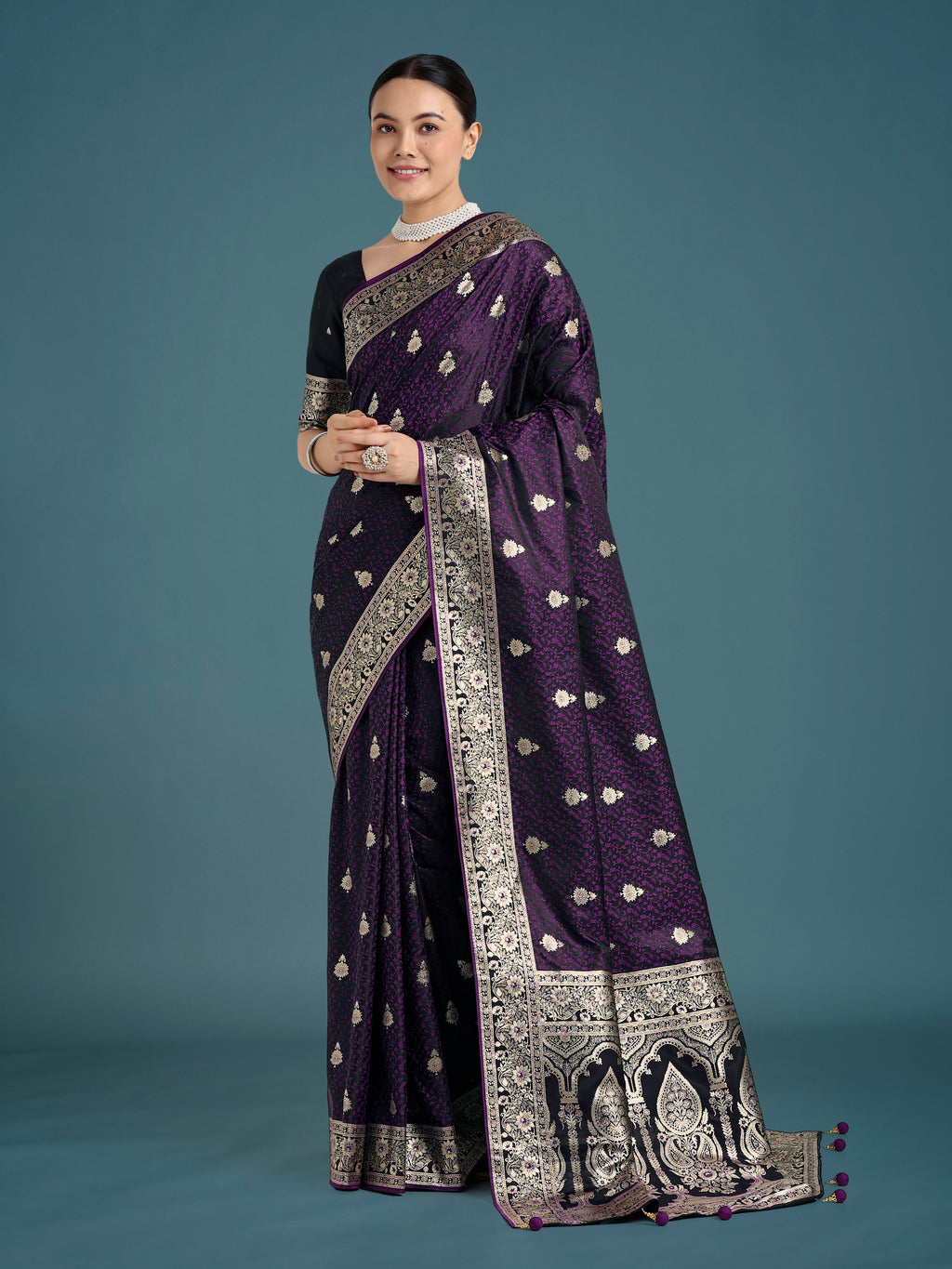 Purple Banarasi Satin Silk Saree featuring rich and intricate Zari woven embroidery.