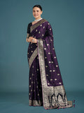 Purple Banarasi Satin Silk Saree featuring rich and intricate Zari woven embroidery.