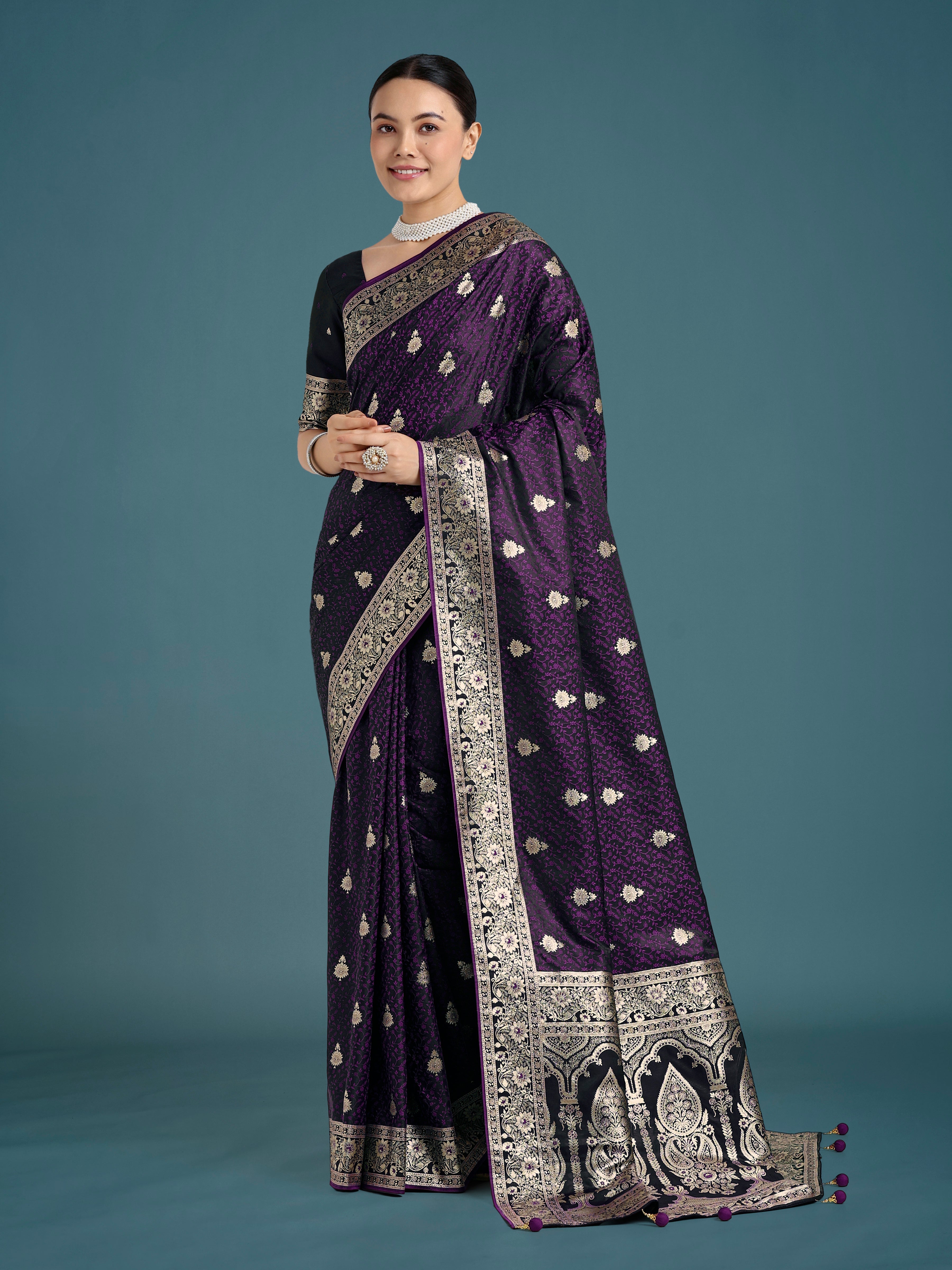 Purple Banarasi Satin Silk Saree featuring rich and intricate Zari woven embroidery.