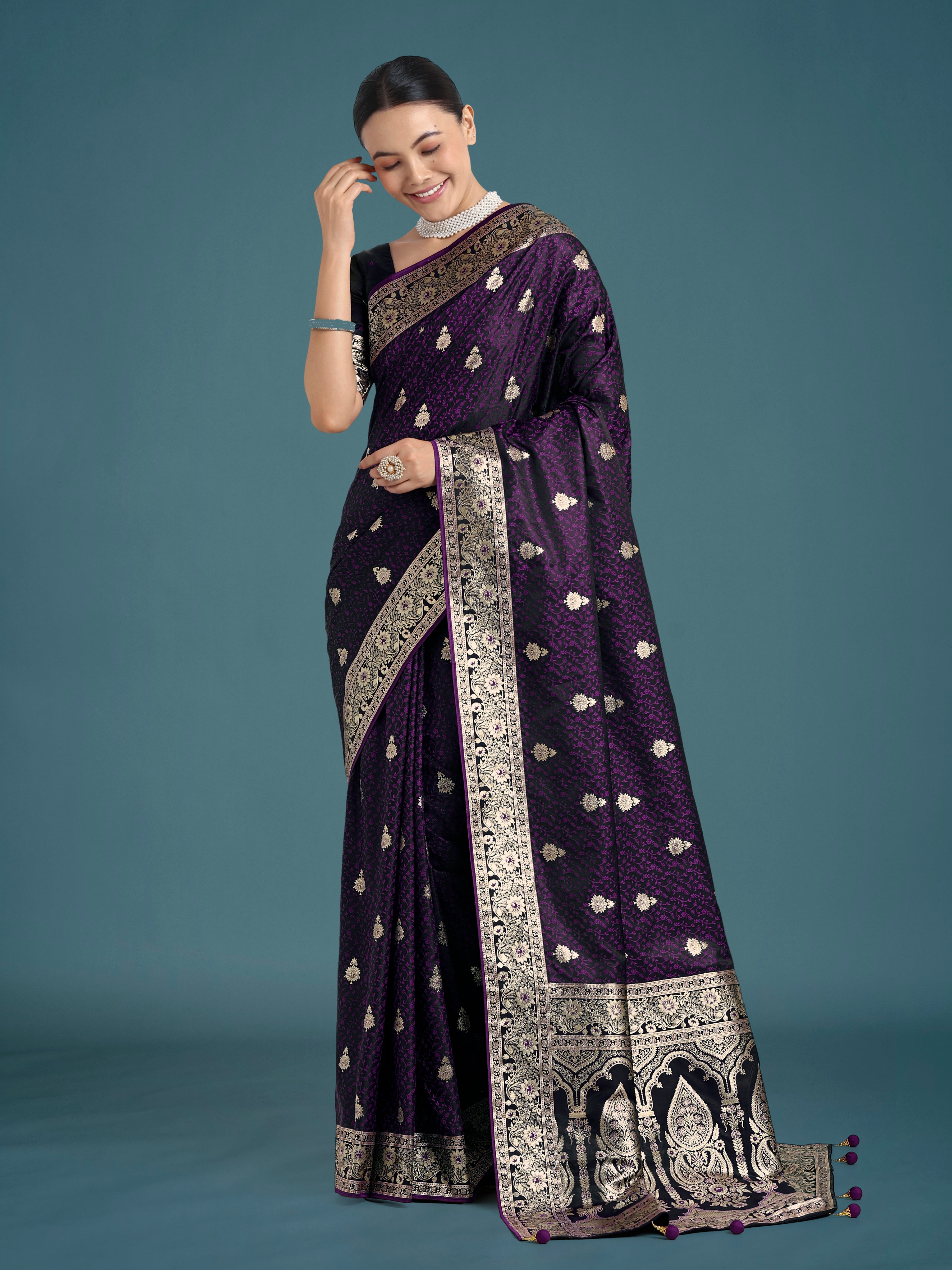 Purple Banarasi Satin Silk Saree with Rich Intricate Zari Work