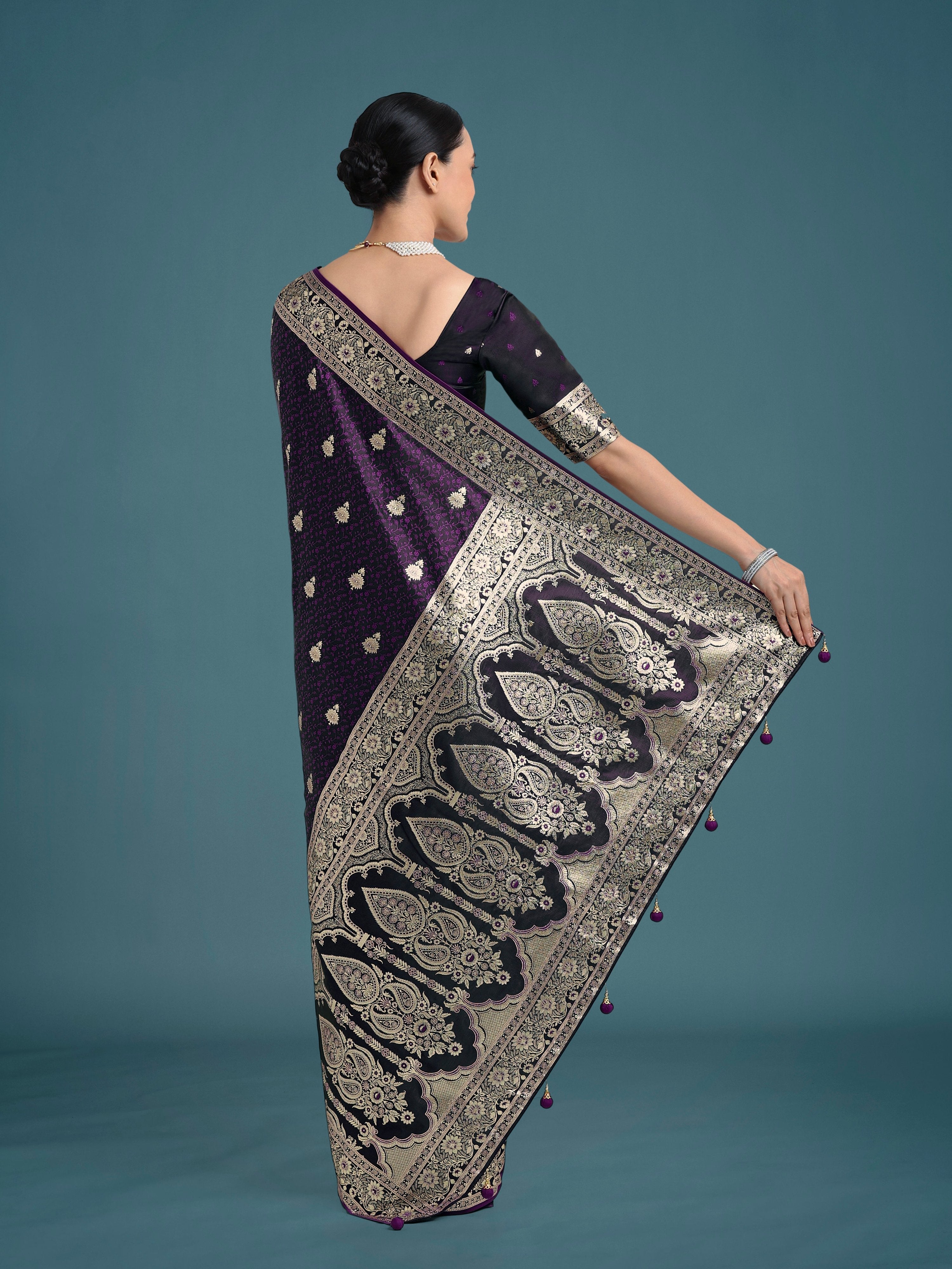Purple Banarasi Satin Silk Saree with Rich Intricate Zari Work