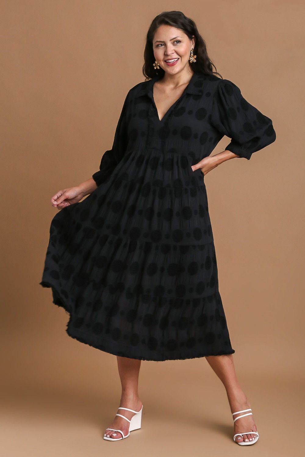 Black Dotted Jacquard Midi Dress with Ruched Waist Detail
