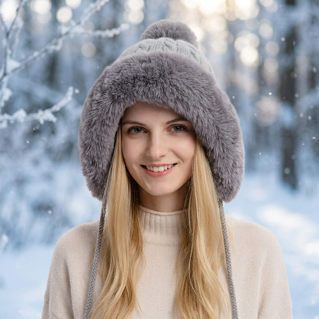 Triple Pom-Pom Fleece Knit Hat with Ear Straps