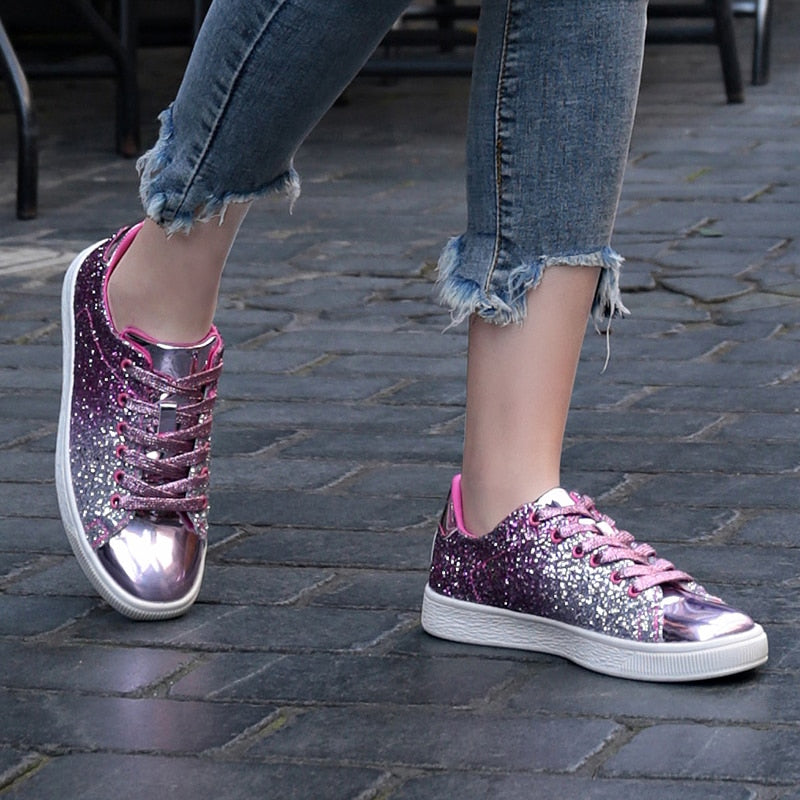 Women's Bling Green Glitter Metallic Lace-Up Sneakers - Image 5