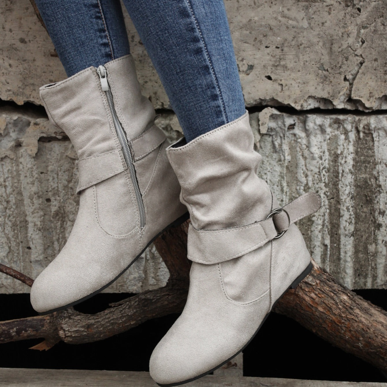 Women's Ankle Boots with Buckle Belt & Side Zip