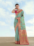 Sky Blue Banarasi Tissue Silk Paithani Saree featuring a traditional zari border