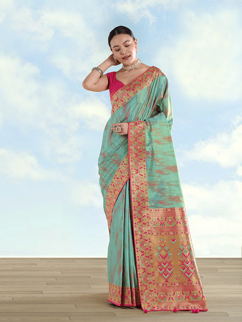 Sky Blue Banarasi Tissue Silk Paithani Saree featuring a traditional zari border