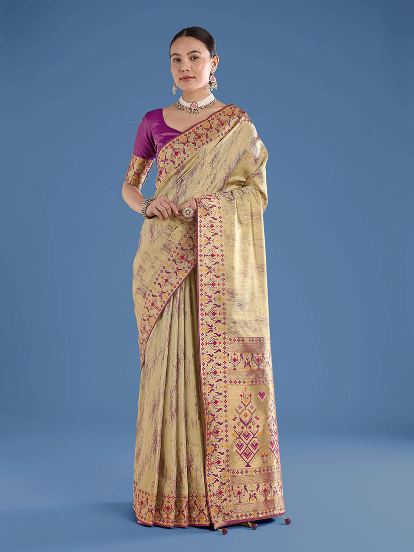Beige Banarasi Tissue Silk Paithani Woven Saree with Zari Border