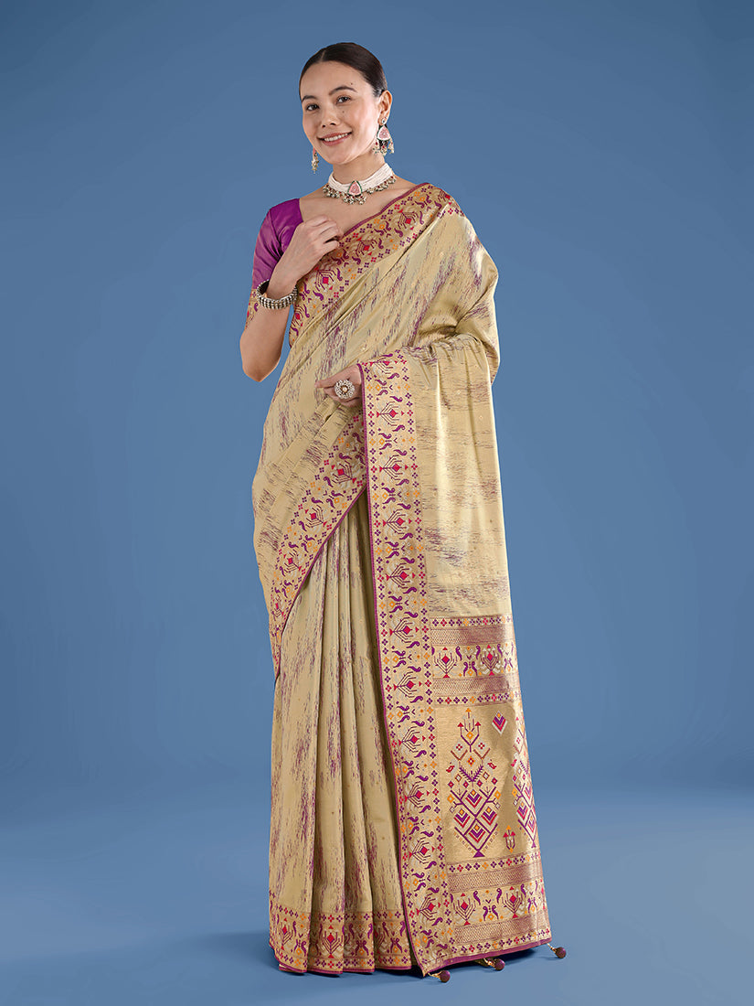 Elegant Beige Banarasi Tissue Silk Paithani Saree with intricate zari border and woven pallu
