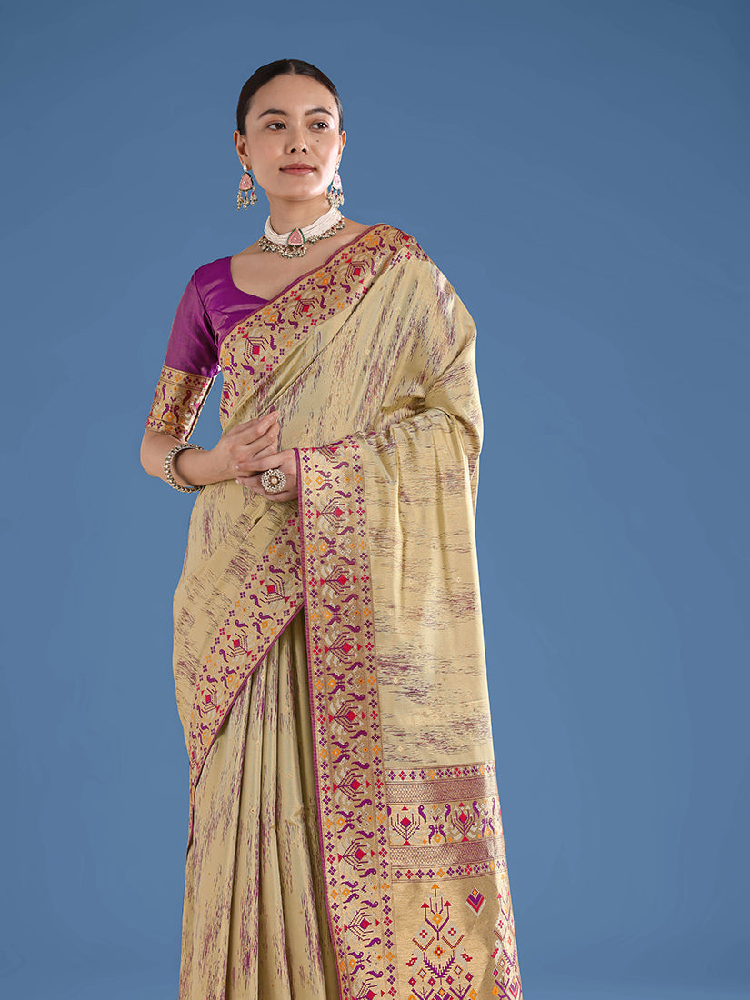 Beige Banarasi Tissue Silk Paithani Woven Saree with Zari Border