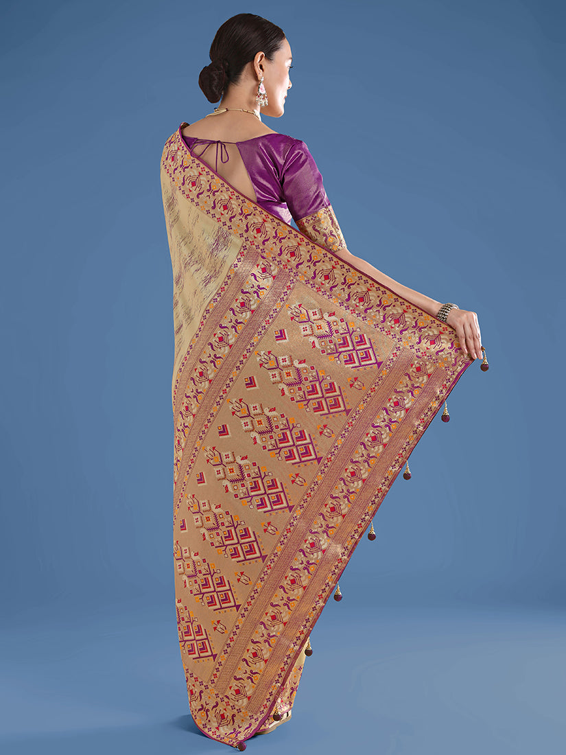 Beige Banarasi Tissue Silk Paithani Woven Saree with Zari Border