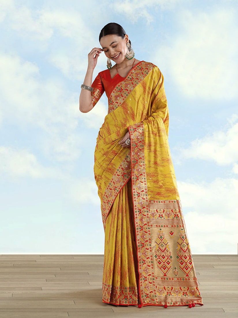 Mustard Yellow Banarasi Tissue Silk Paithani Woven Saree