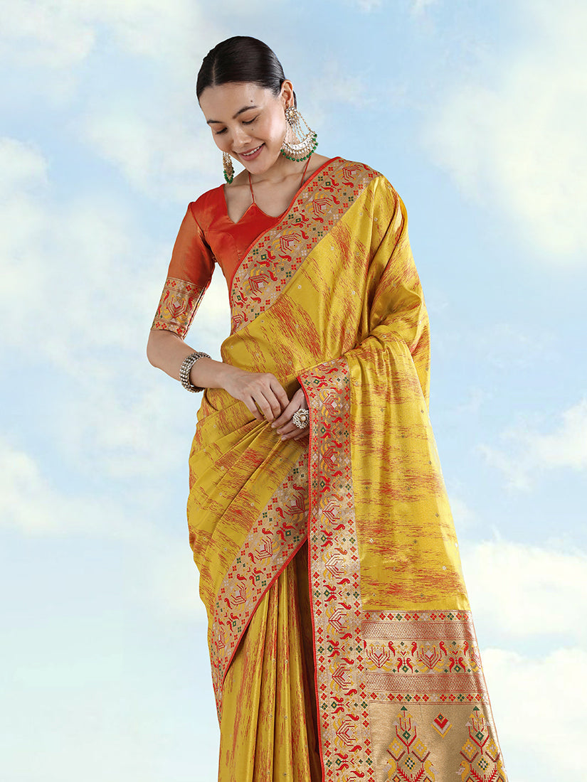 Mustard Yellow Banarasi Tissue Silk Paithani Woven Saree