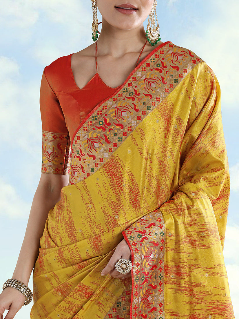 Mustard Yellow Banarasi Tissue Silk Paithani Woven Saree
