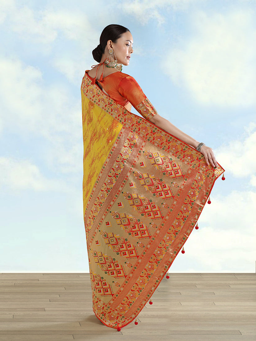 Mustard Yellow Banarasi Tissue Silk Paithani Woven Saree
