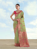 Light Green Banarasi Tissue Silk Saree with gold zari border and Paithani weave