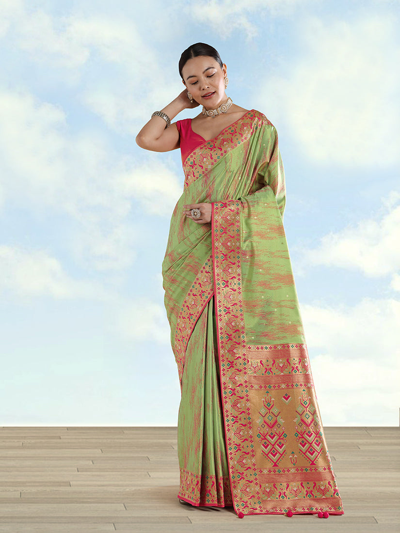 Light Green Banarasi Tissue Silk Paithani Saree with Zari Border