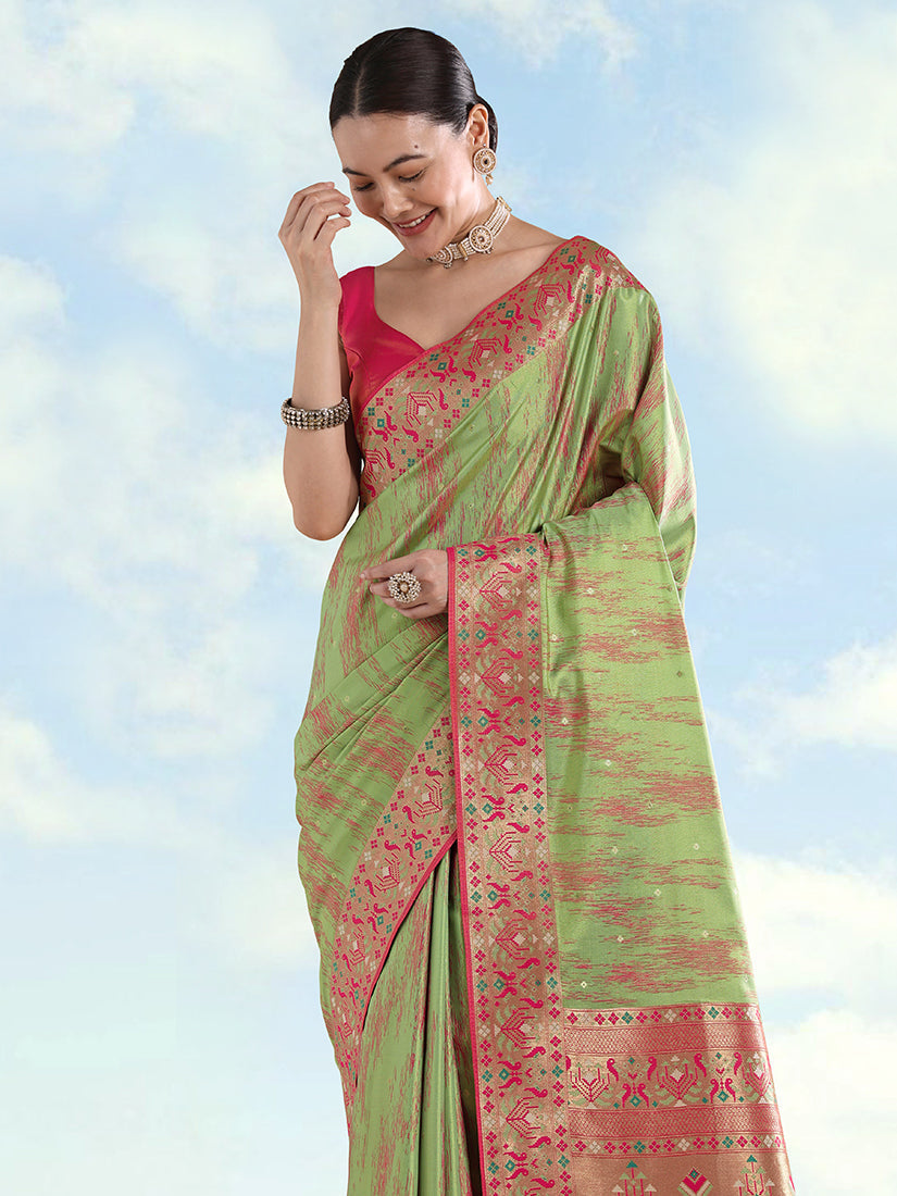 Light Green Banarasi Tissue Silk Paithani Saree with Zari Border