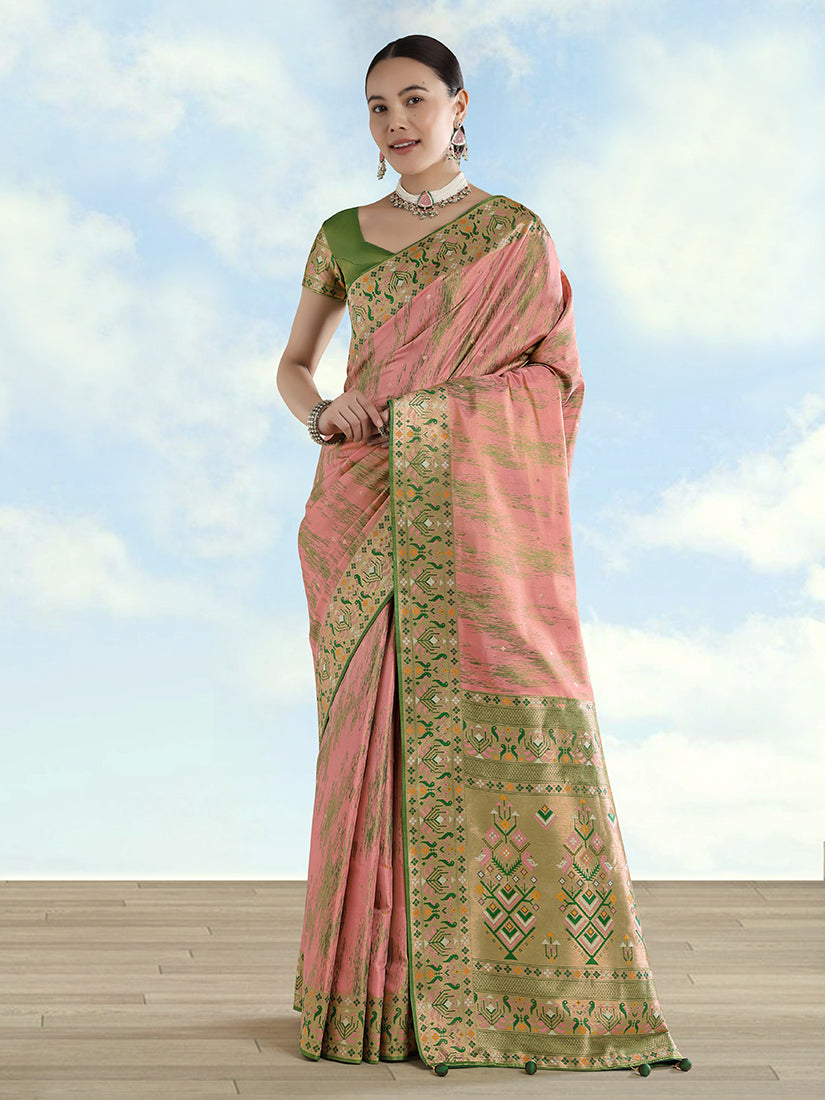 Light Pink Banarasi Tissue Silk Paithani Saree with intricate woven zari border