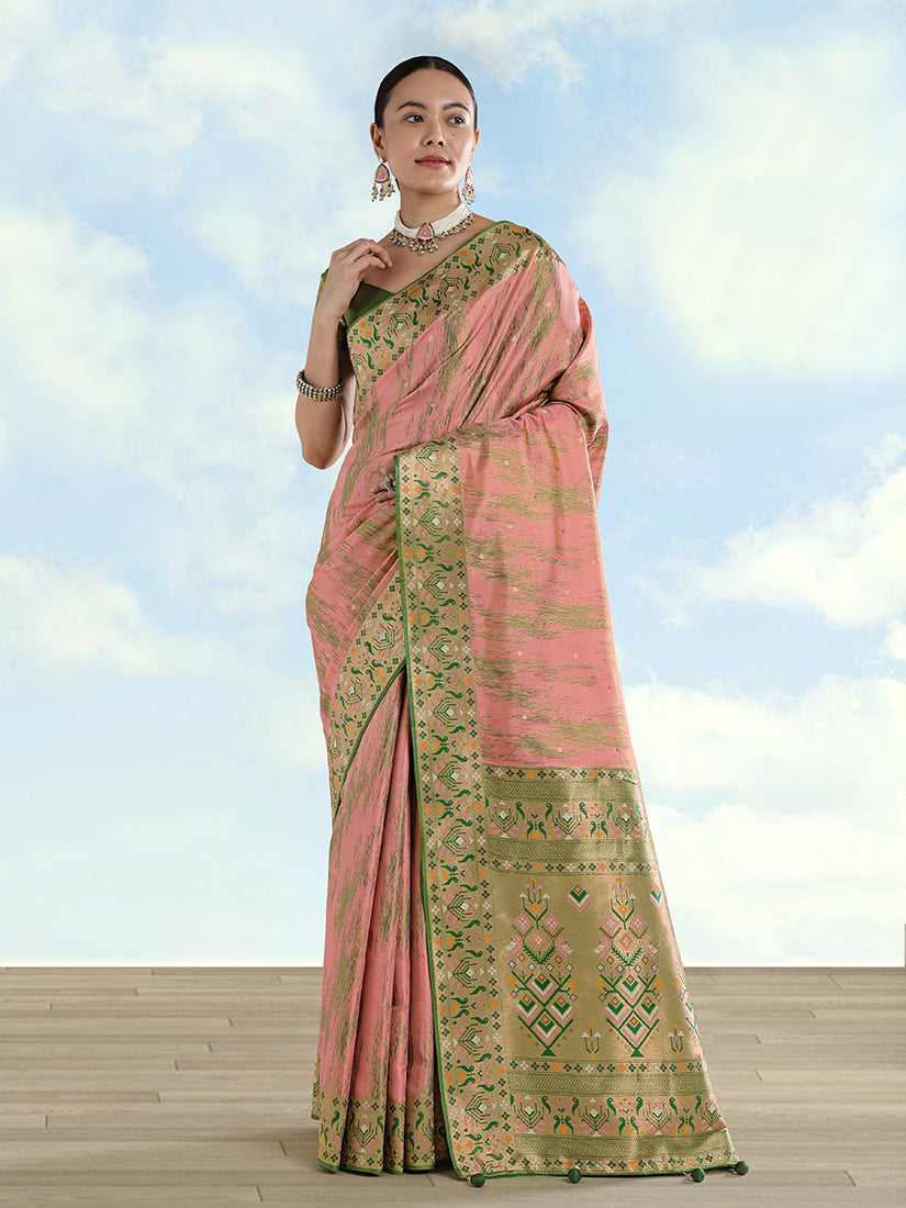 Light Pink Banarasi Tissue Silk Paithani Woven Saree with Zari