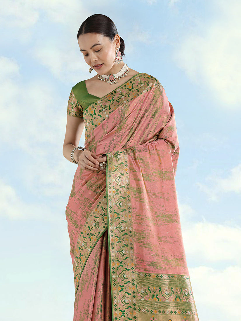 Light Pink Banarasi Tissue Silk Paithani Woven Saree with Zari