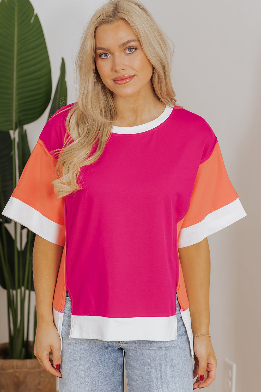 Rose Red Color Block Patchwork Side Slit Loose T-Shirt
