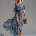 Peacock Blue Leopard Print Chiffon Off-Shoulder Maxi Dress - Image 6