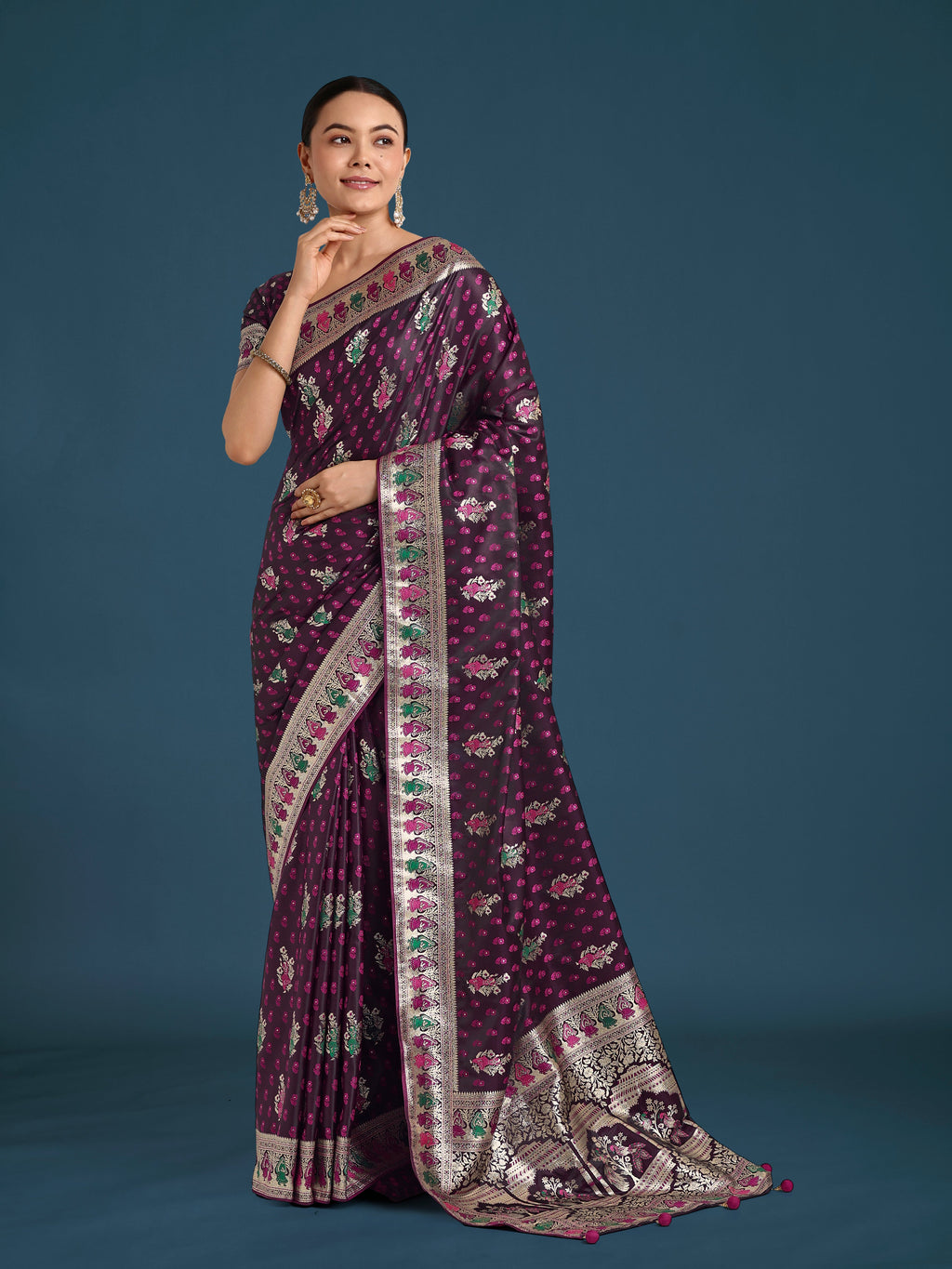 Wine Banarasi Satin Silk Saree with Elegant Gold Zari Weave