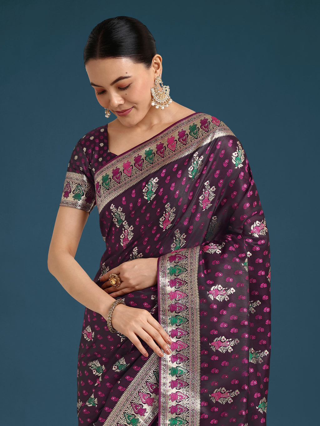 Wine Banarasi Satin Silk Saree with Elegant Gold Zari Weave