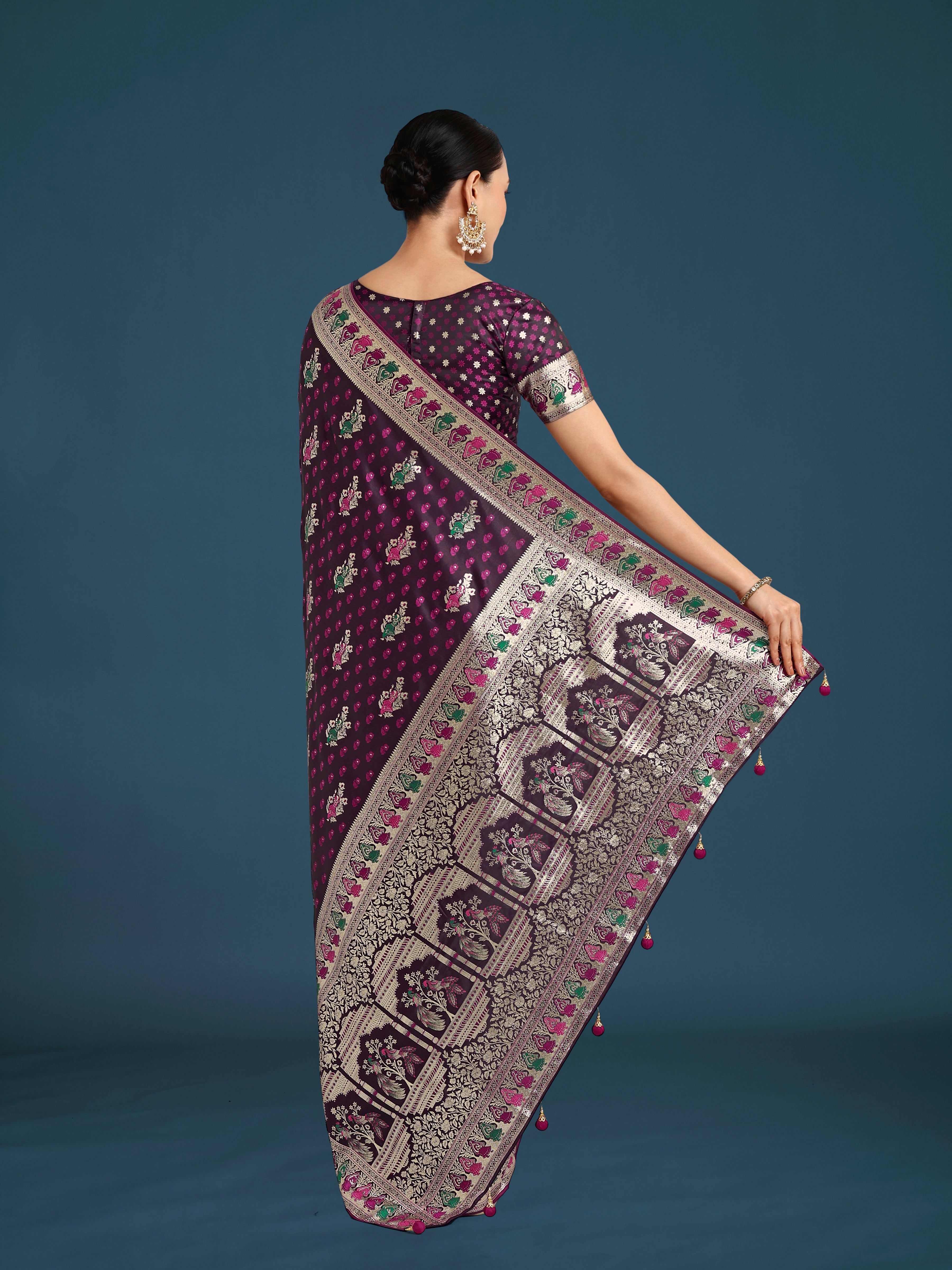 Wine Banarasi Satin Silk Saree with Elegant Gold Zari Weave