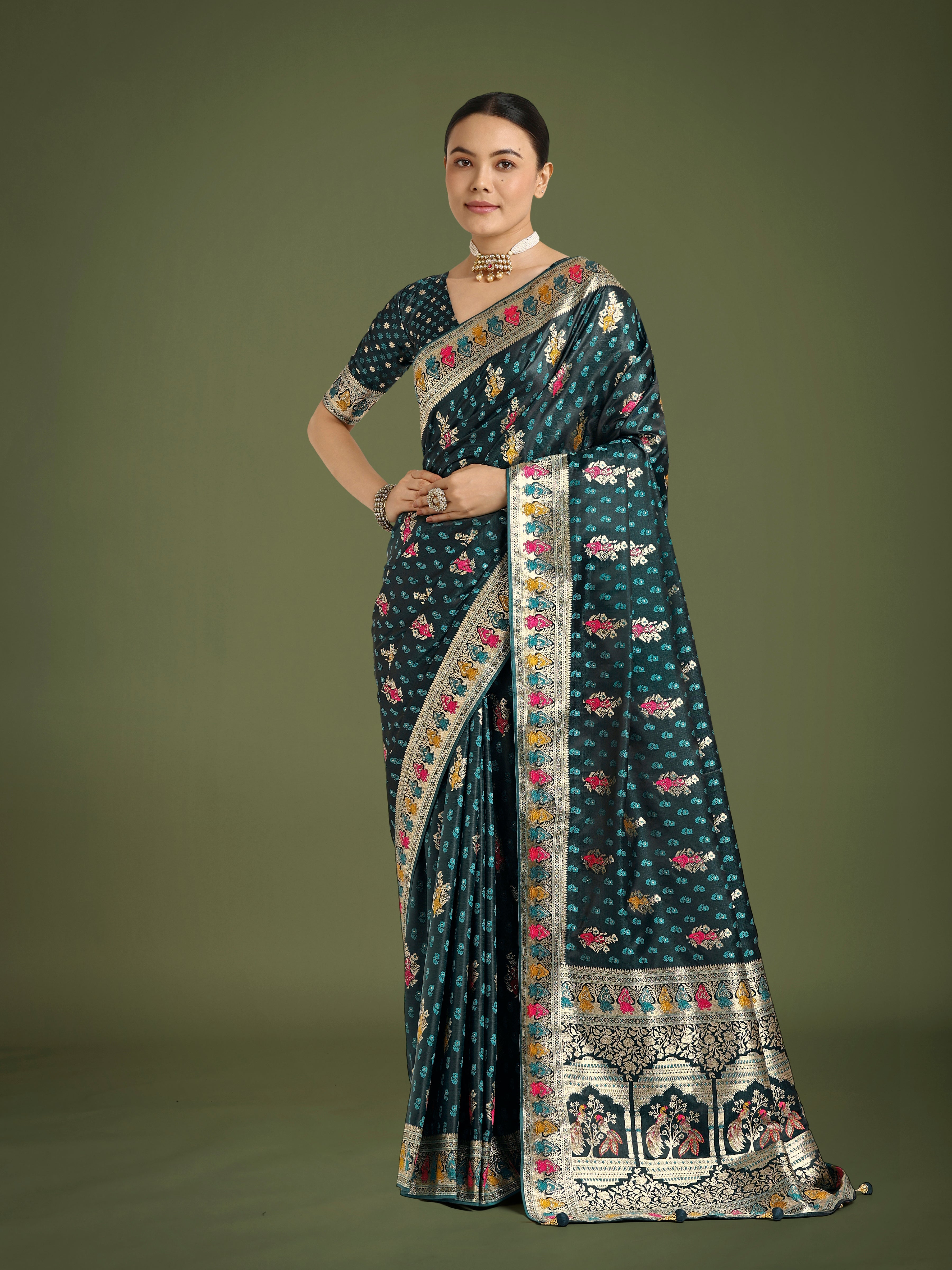 Dark teal Banarasi satin silk saree with gold Zari border detail