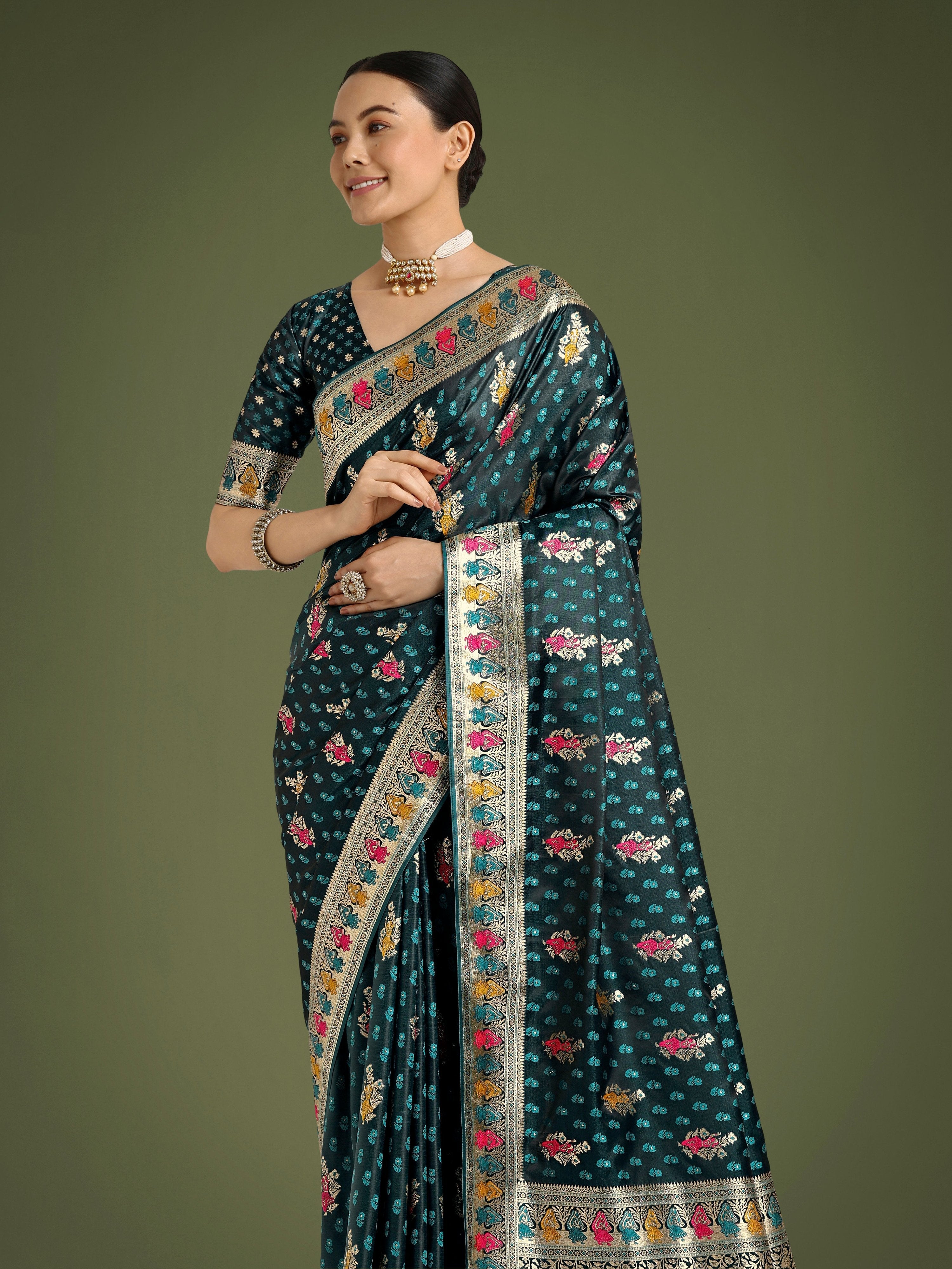 Teal Banarasi Satin Silk Saree with Gold Zari Border