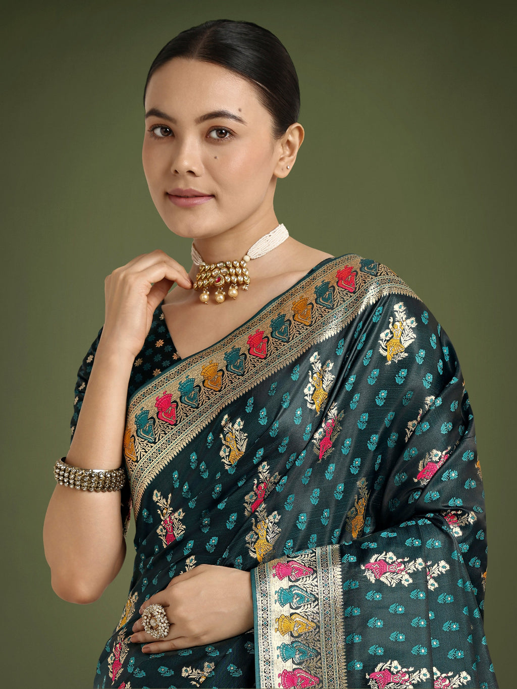 Teal Banarasi Satin Silk Saree with Gold Zari Border