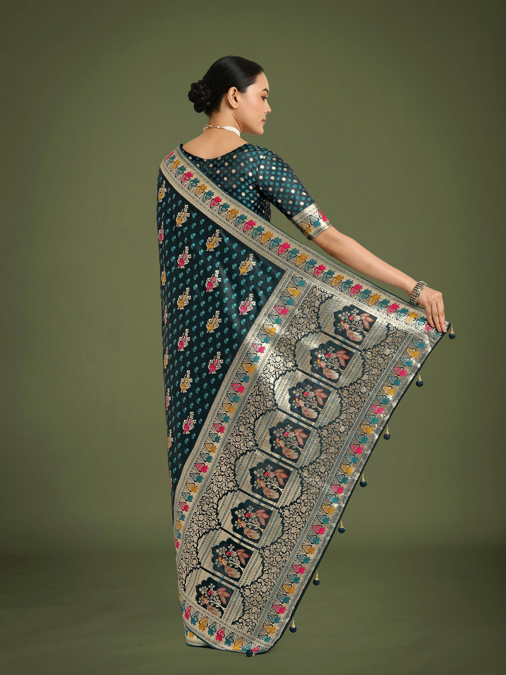 Teal Banarasi Satin Silk Saree with Gold Zari Border