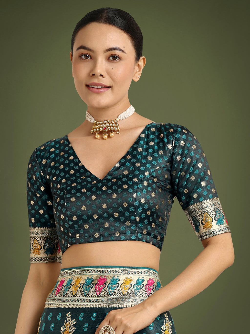 Teal Banarasi Satin Silk Saree with Gold Zari Border