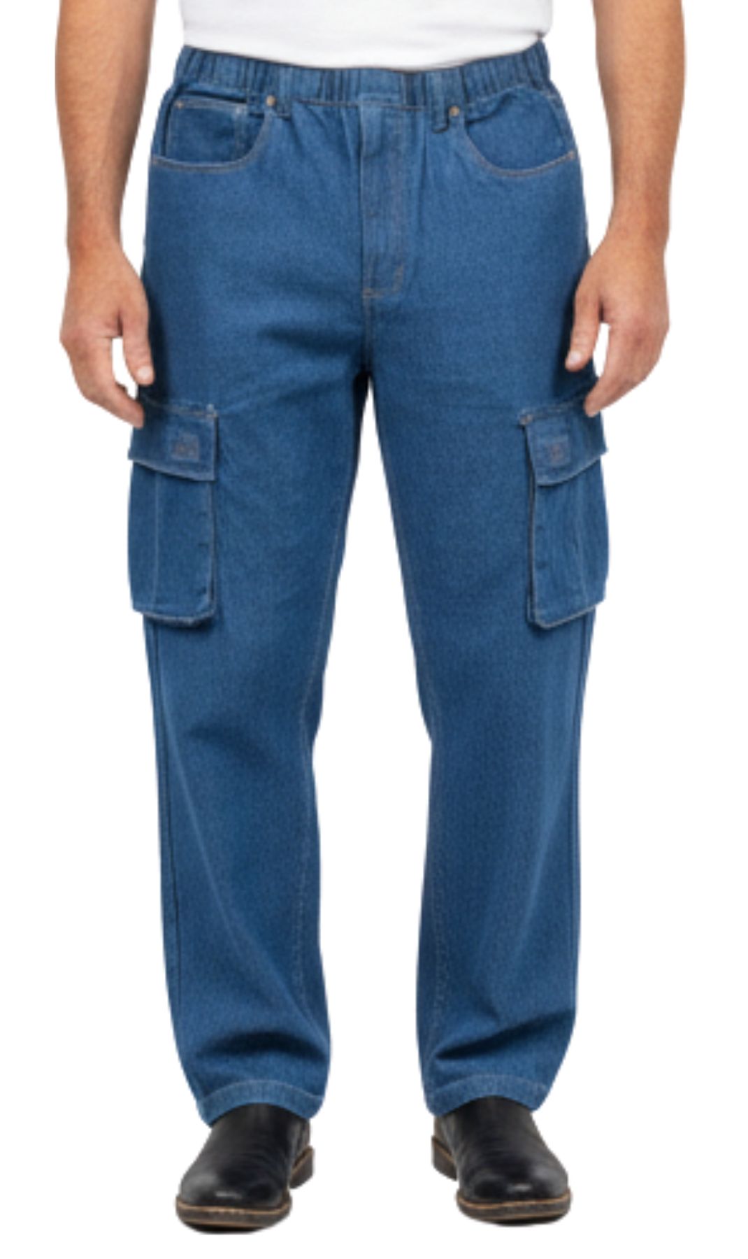 Men's Relaxed Pull-On Denim Cargo Jeans in Medium Blue
