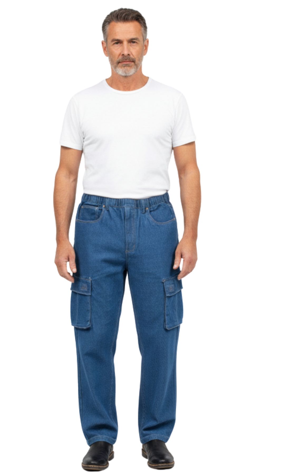 Men's Relaxed Pull-On Denim Cargo Jeans in Medium Blue