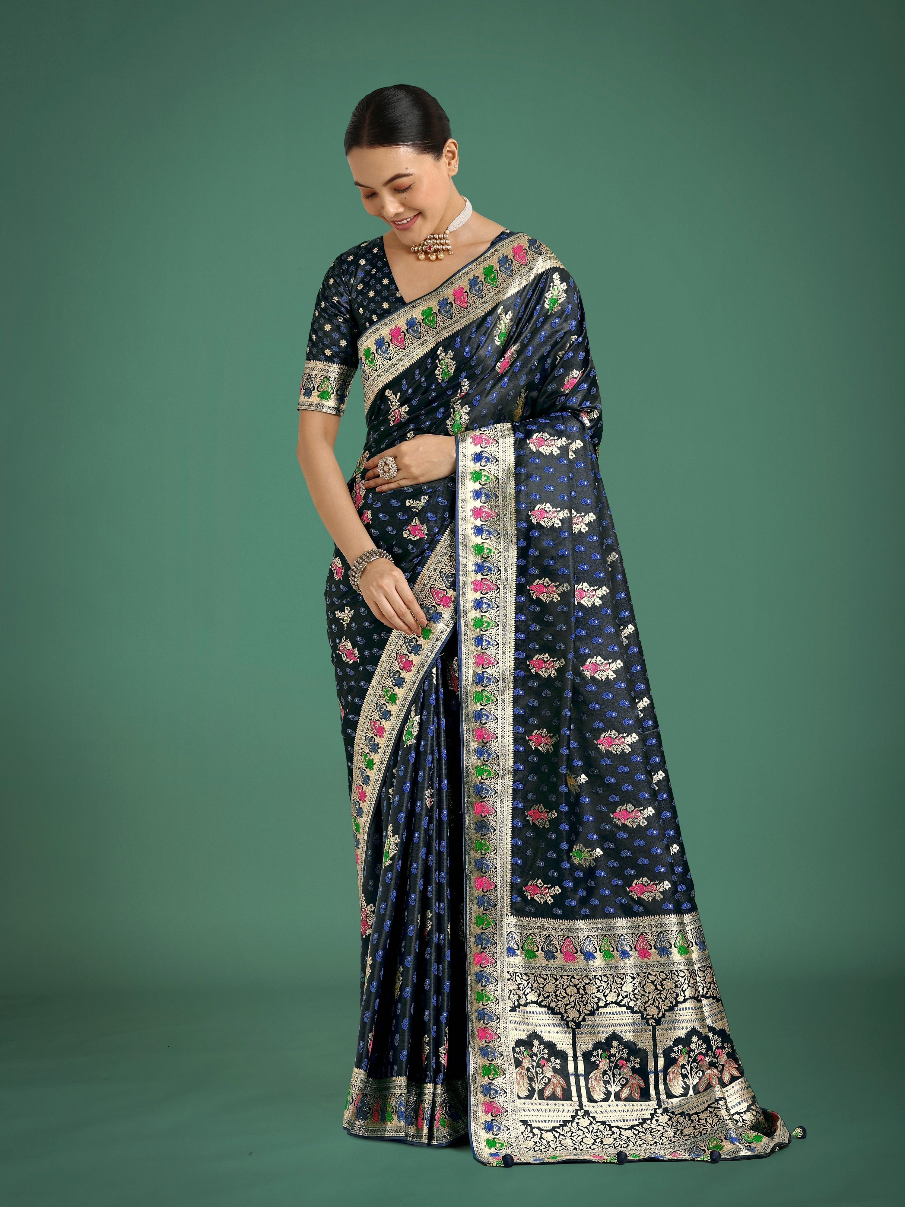 Monjolika Fashion Dark blue With Gold Bordar Banarasi Zari Woven Satin Saree