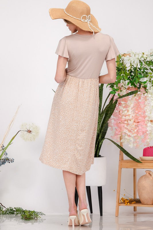 Polka Dot Round Neck Flutter Sleeve Midi Dress