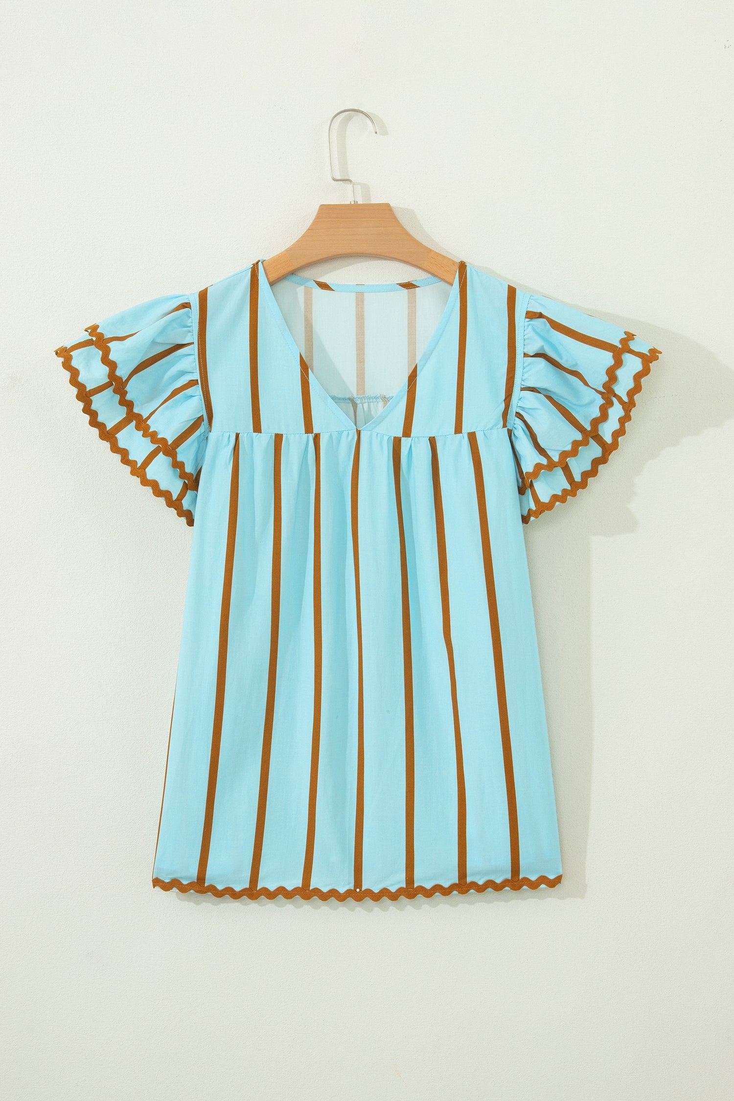 Sky Blue Stripe Ricrac Trim Double Ruffled Short Sleeve V Neck Blouse