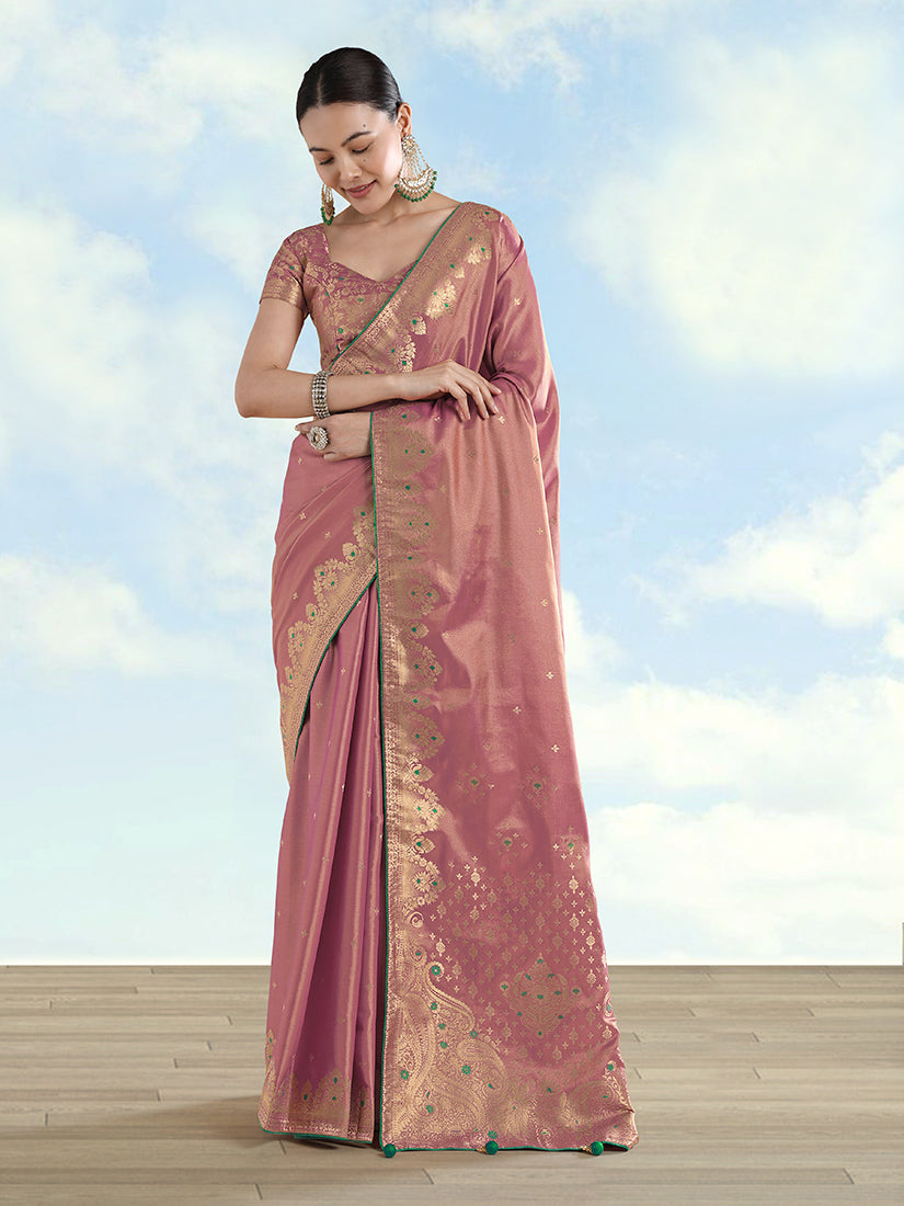 Light Pink Banarasi tissue silk saree with intricate paisley zari motifs