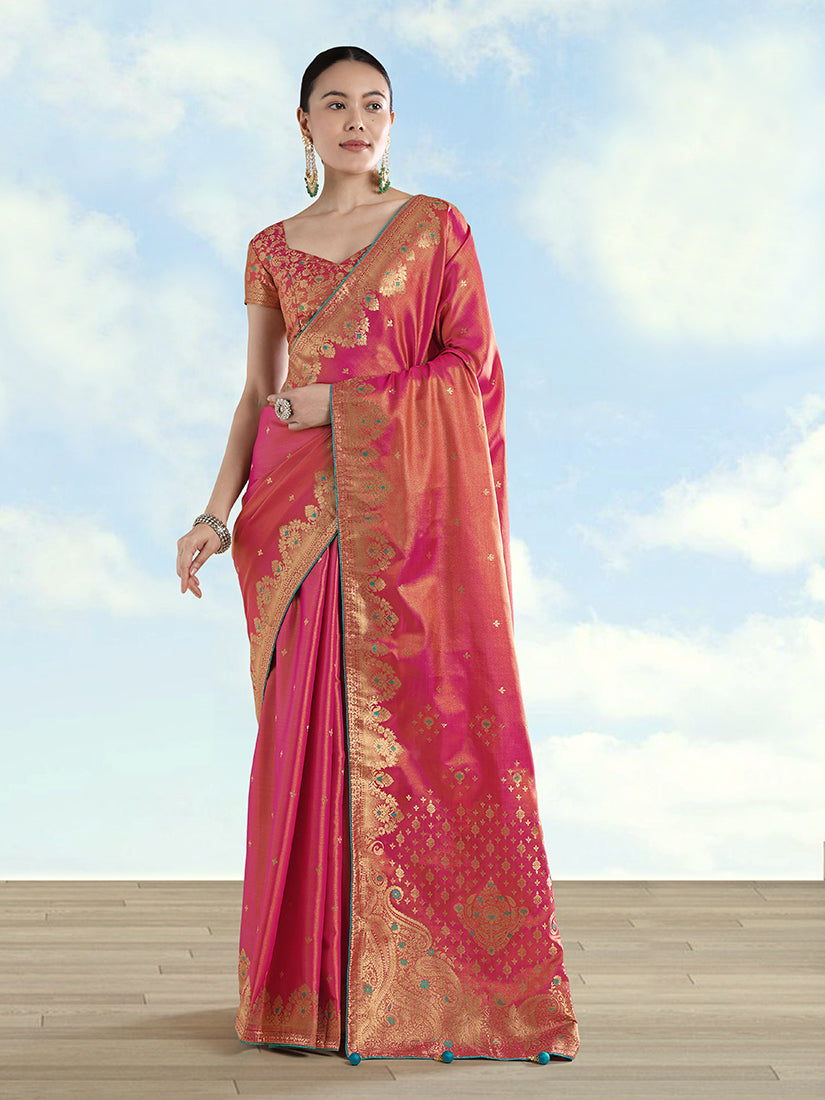 Red Banarasi Tissue Silk Saree with intricate gold paisley zari weaving