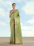 Parrot green Banarasi tissue silk saree with gold paisley zari work