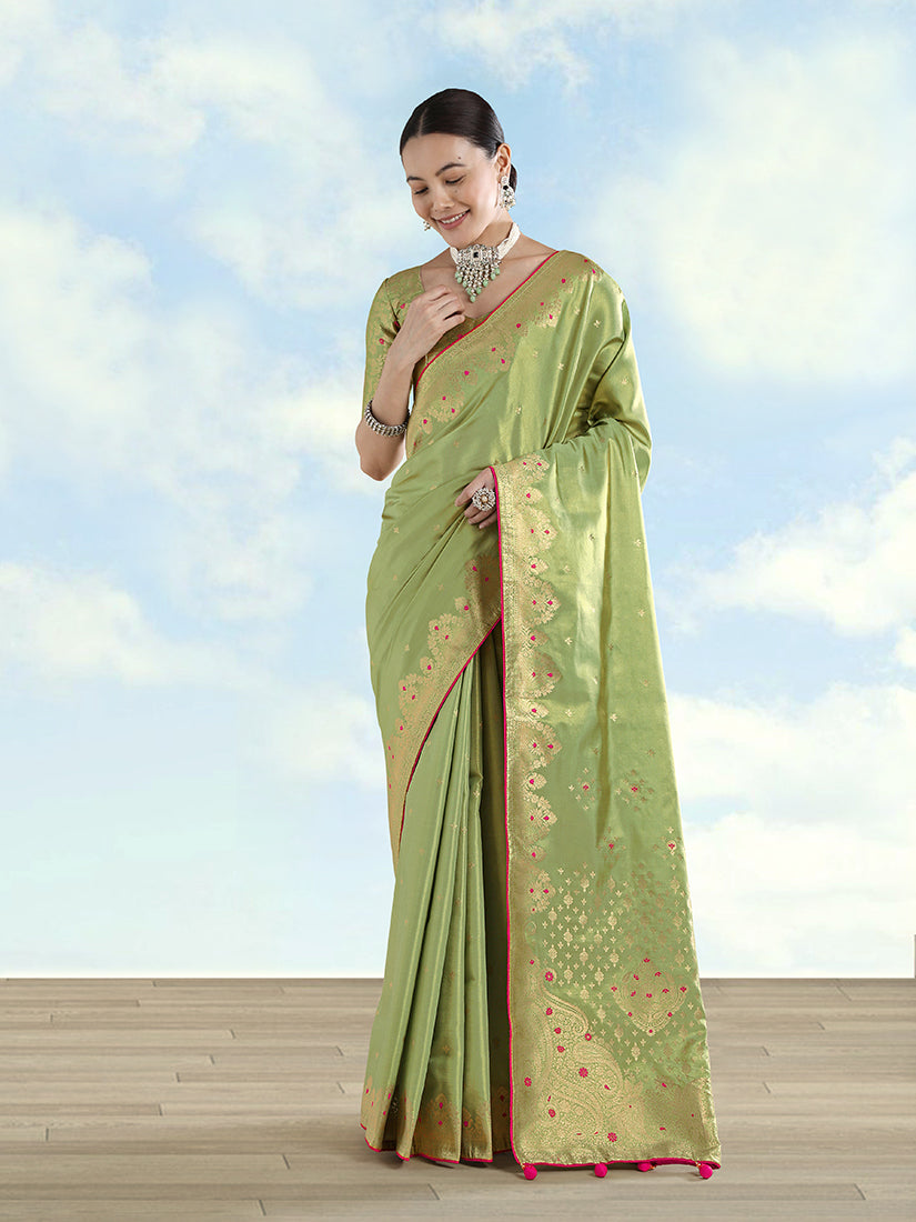 Parrot Green Banarasi Tissue Silk Saree with Paisley Zari