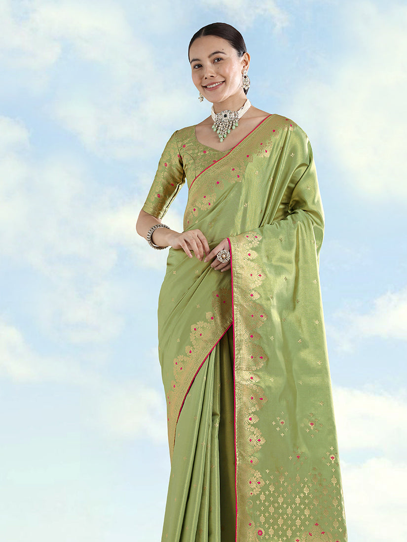 Parrot Green Banarasi Tissue Silk Saree with Paisley Zari