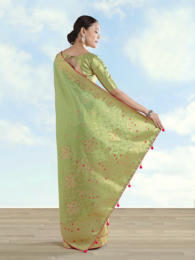 Parrot Green Banarasi Tissue Silk Saree with Paisley Zari