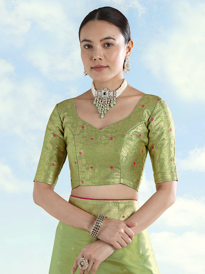 Parrot Green Banarasi Tissue Silk Saree with Paisley Zari