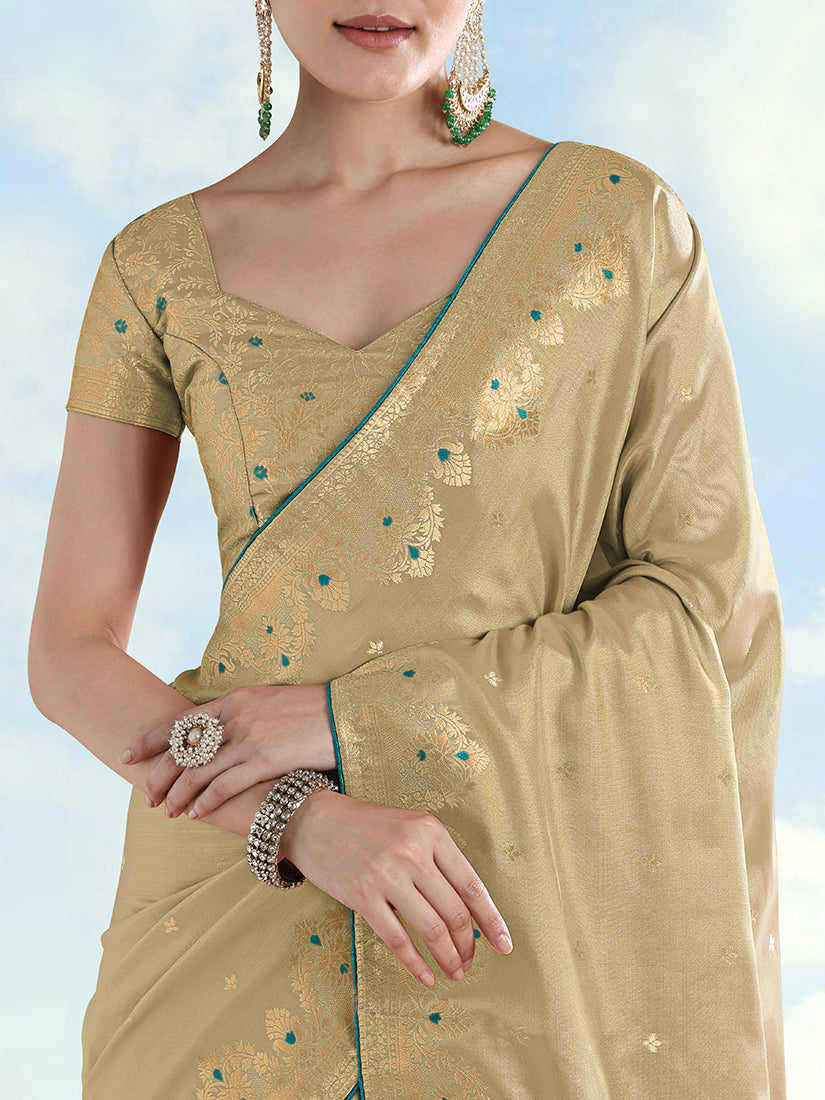 Cream Paisley Zari Woven Banarasi Tissue Silk Saree